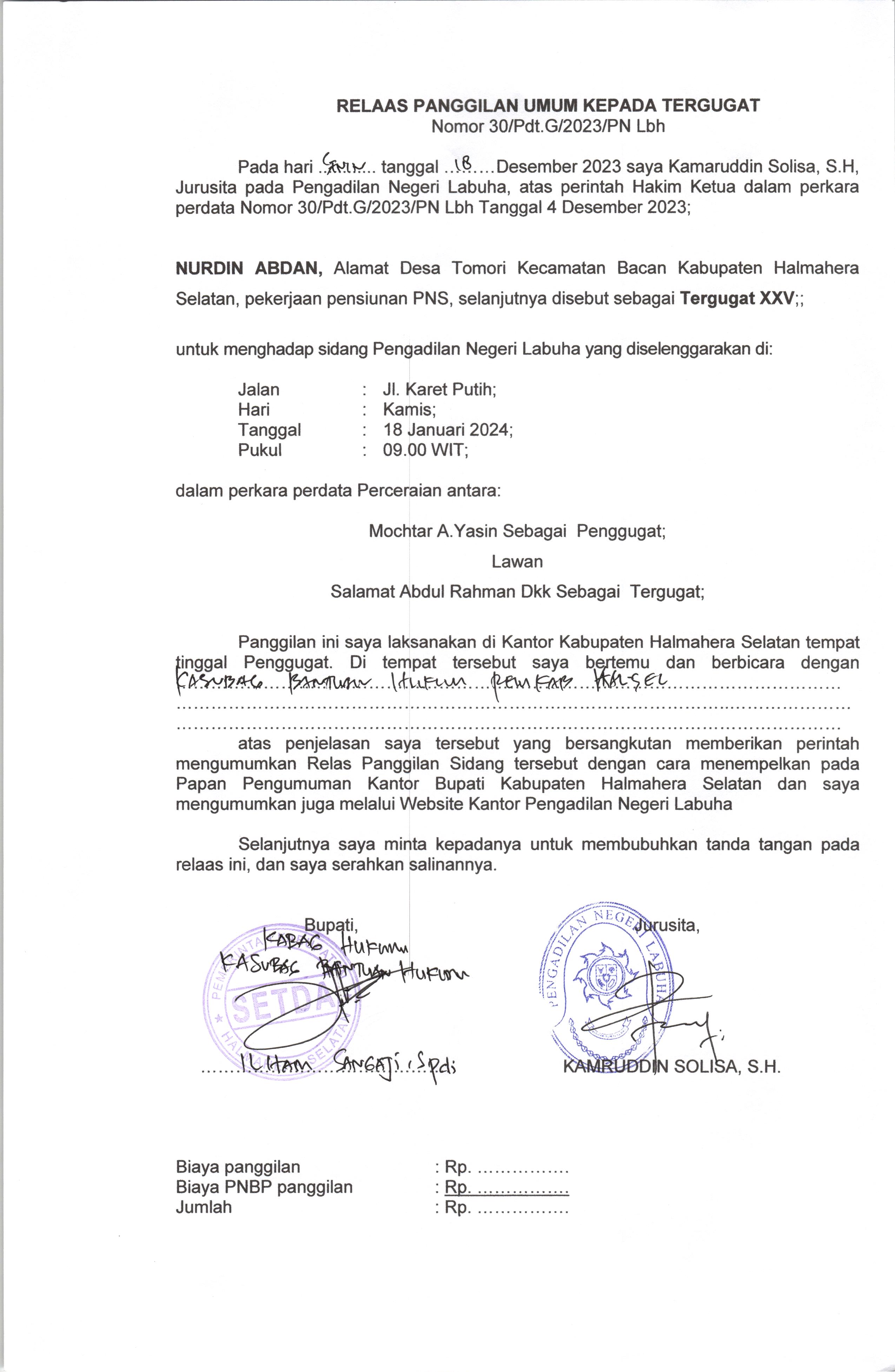 Relaas Panggilan Umum Kepada Tergugat XXV Dalam Perkara Perdata Nomor 30/Pdt.G/2023/PN Lbh