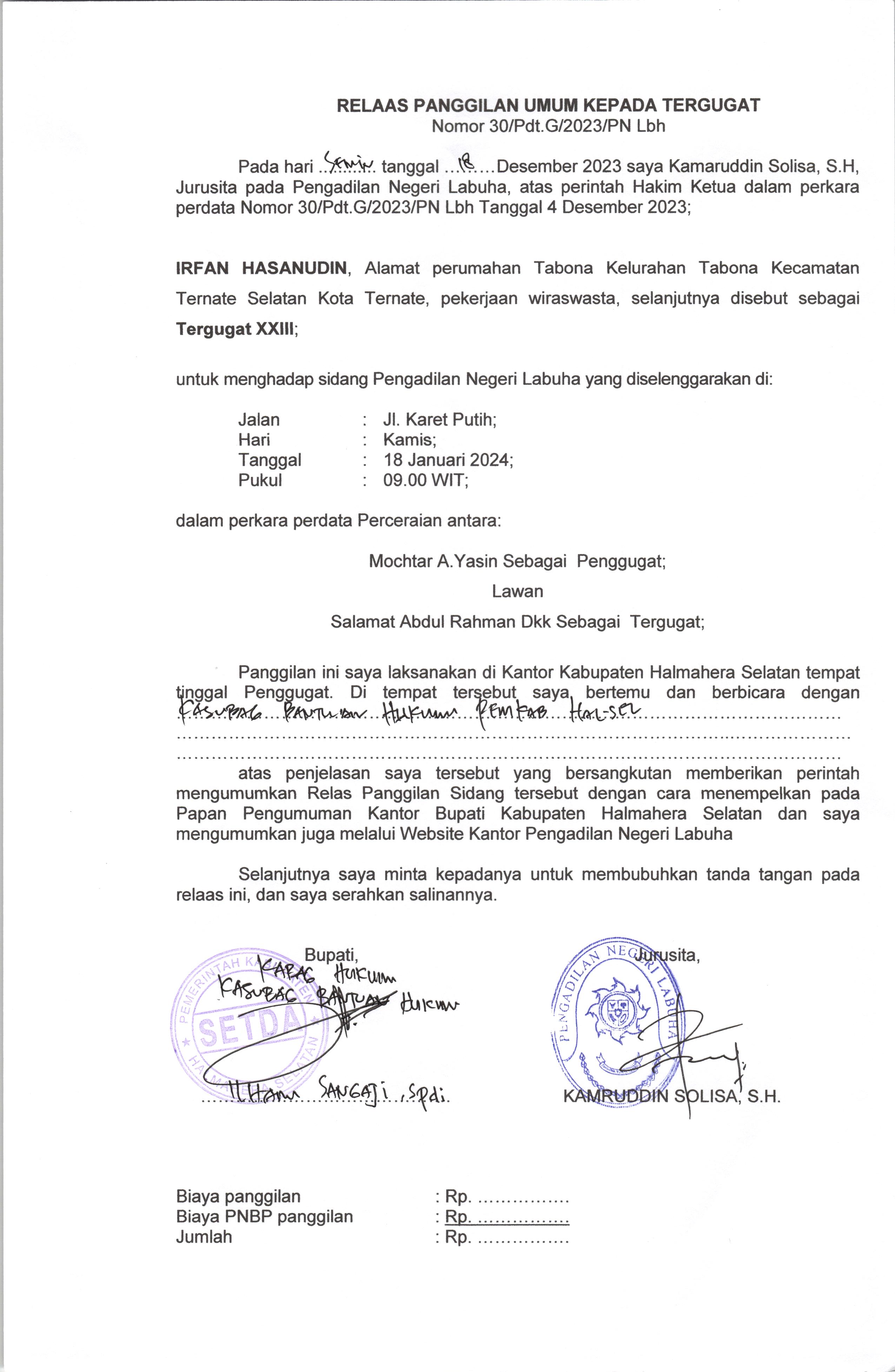 Relaas Panggilan Umum Kepada Tergugat XXIII Dalam Perkara Perdata Nomor 30/Pdt.G/2023/PN Lbh