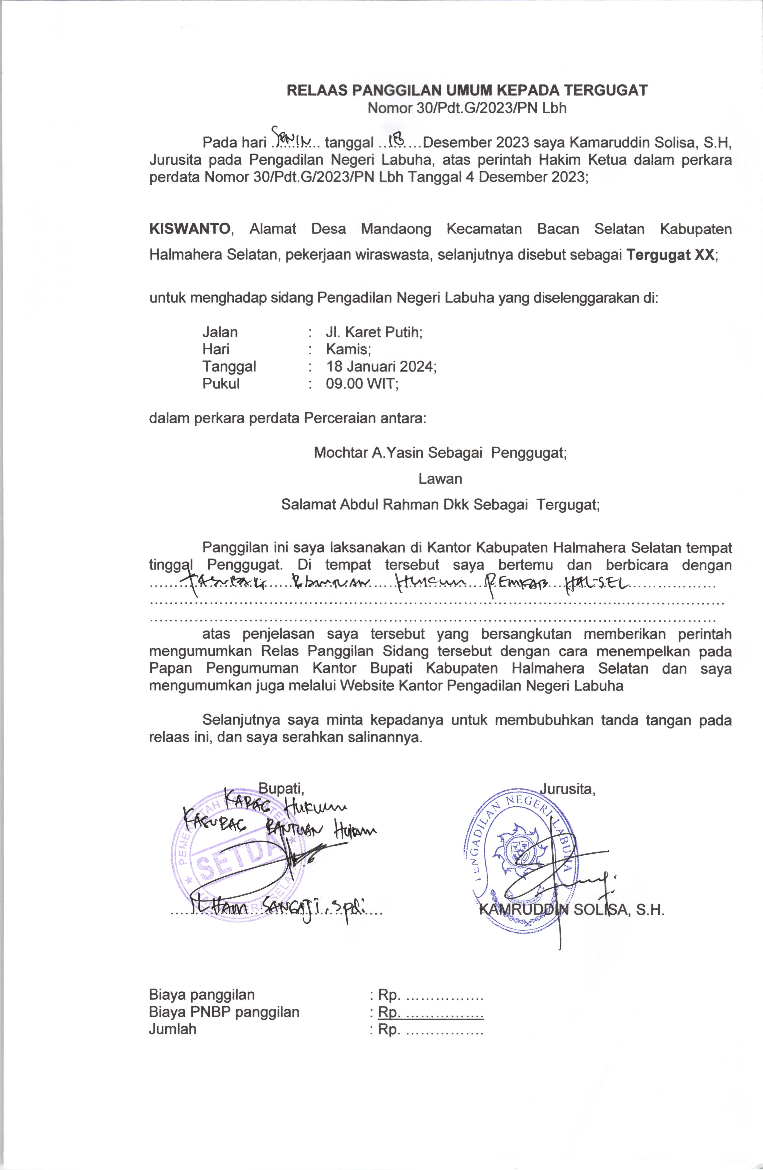 Relaas Panggilan Umum Kepada Tergugat XX Dalam Perkara Perdata Nomor 30/Pdt.G/2023/PN Lbh