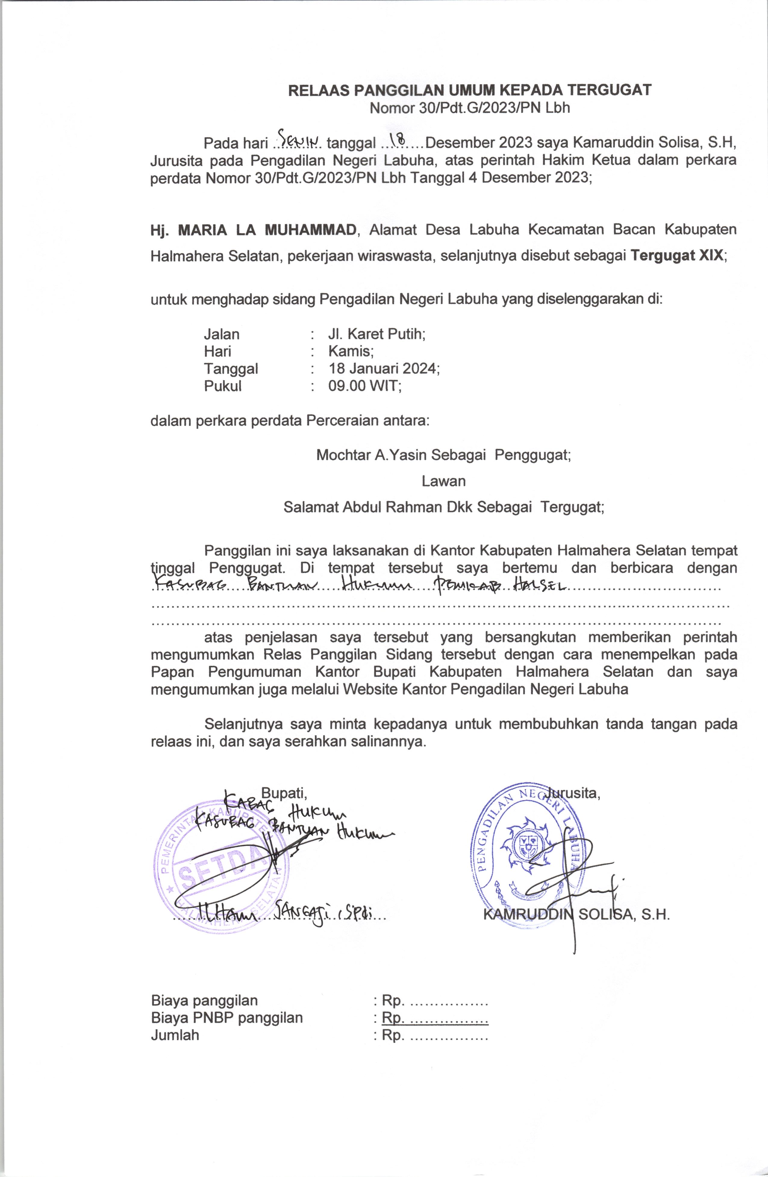 Relaas Panggilan Umum Kepada Tergugat XIX Dalam Perkara Perdata Nomor 30/Pdt.G/2023/PN Lbh