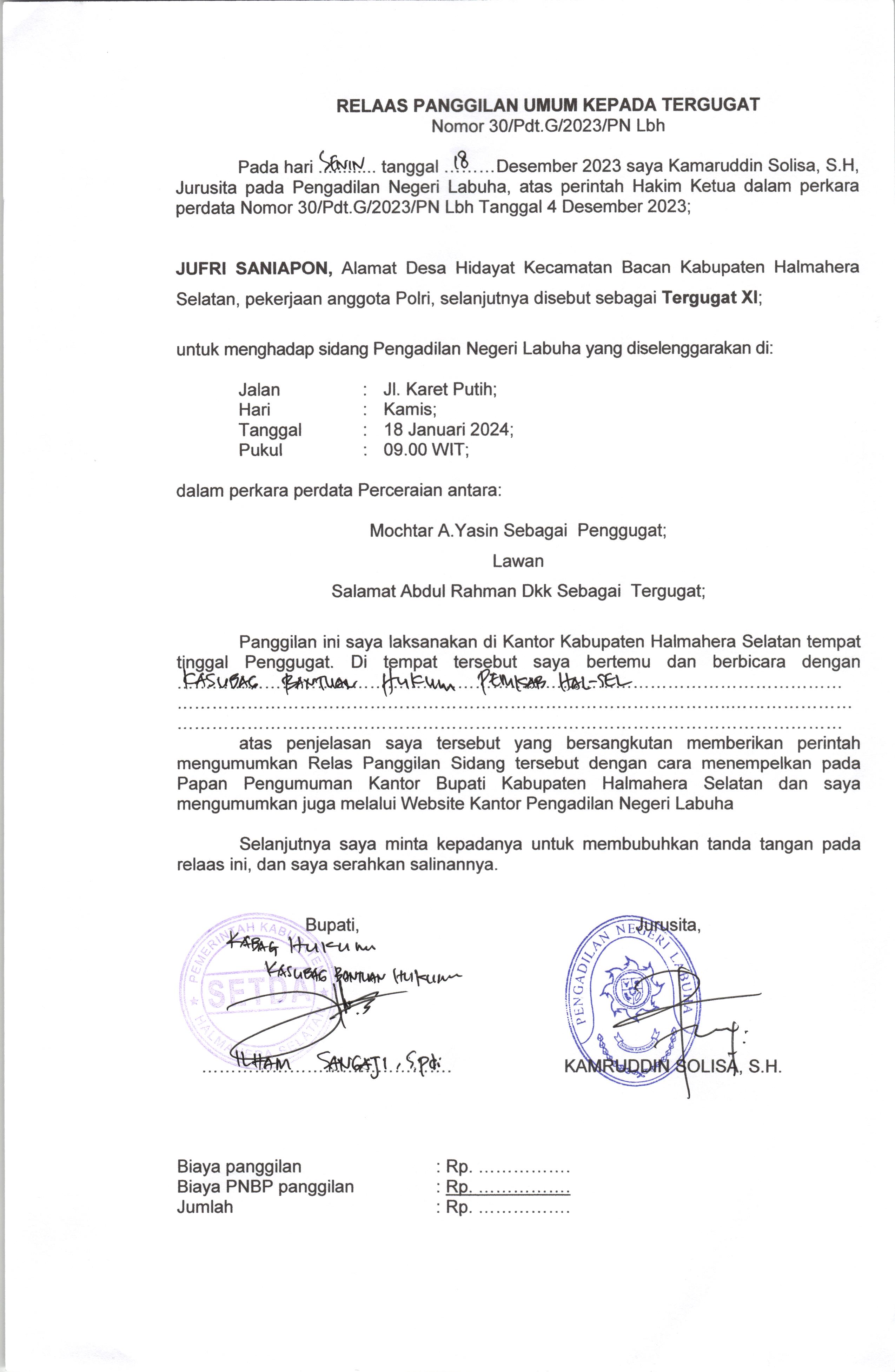 Relaas Panggilan Umum Kepada Tergugat XI Dalam Perkara Perdata Nomor 30/Pdt.G/2023/PN Lbh