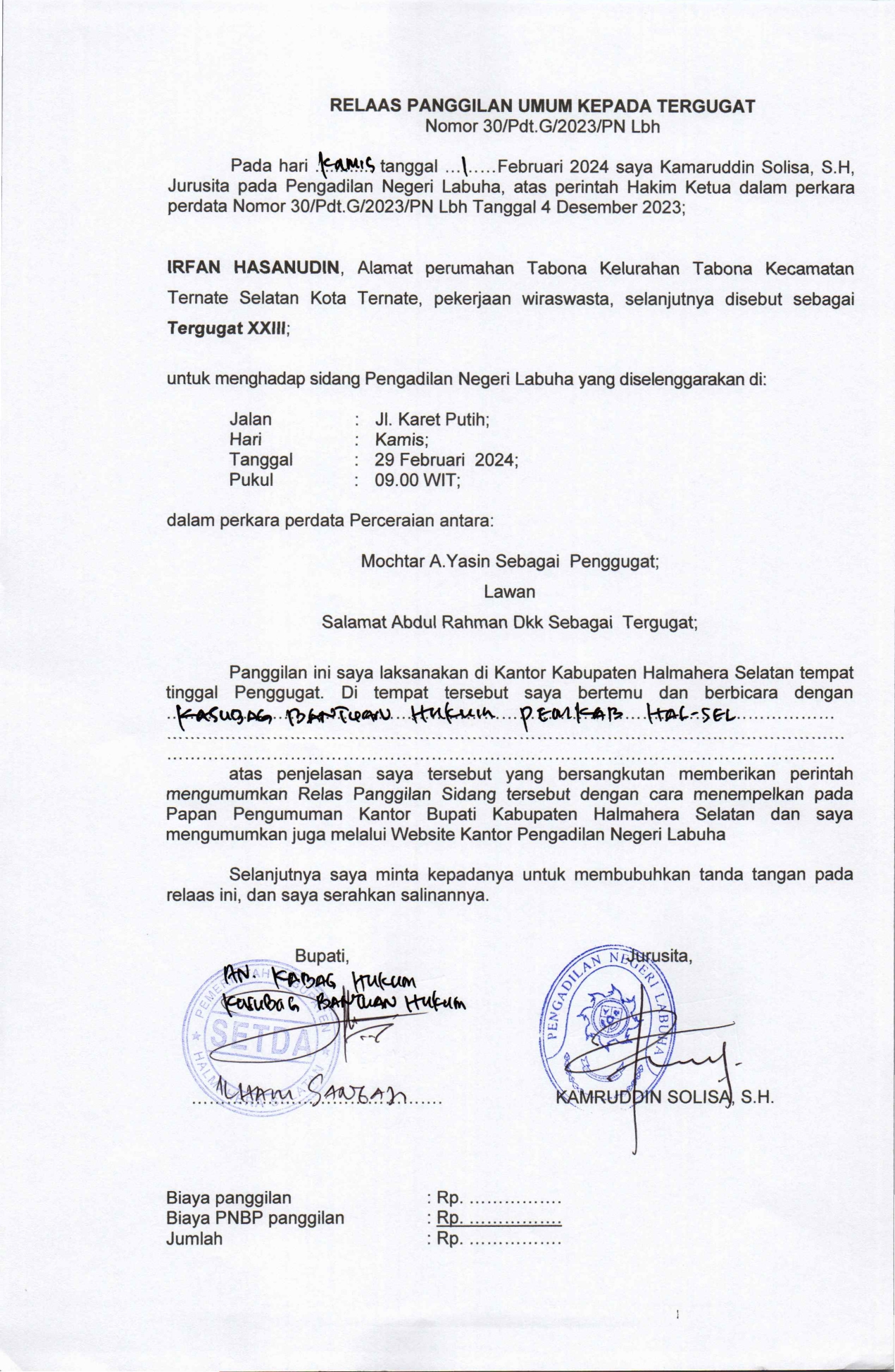 Relaas Panggilan Umum Kepada Tergugat Dalam Perkara Perdata Nomor 30/Pdt.G/2023/PN Lbh