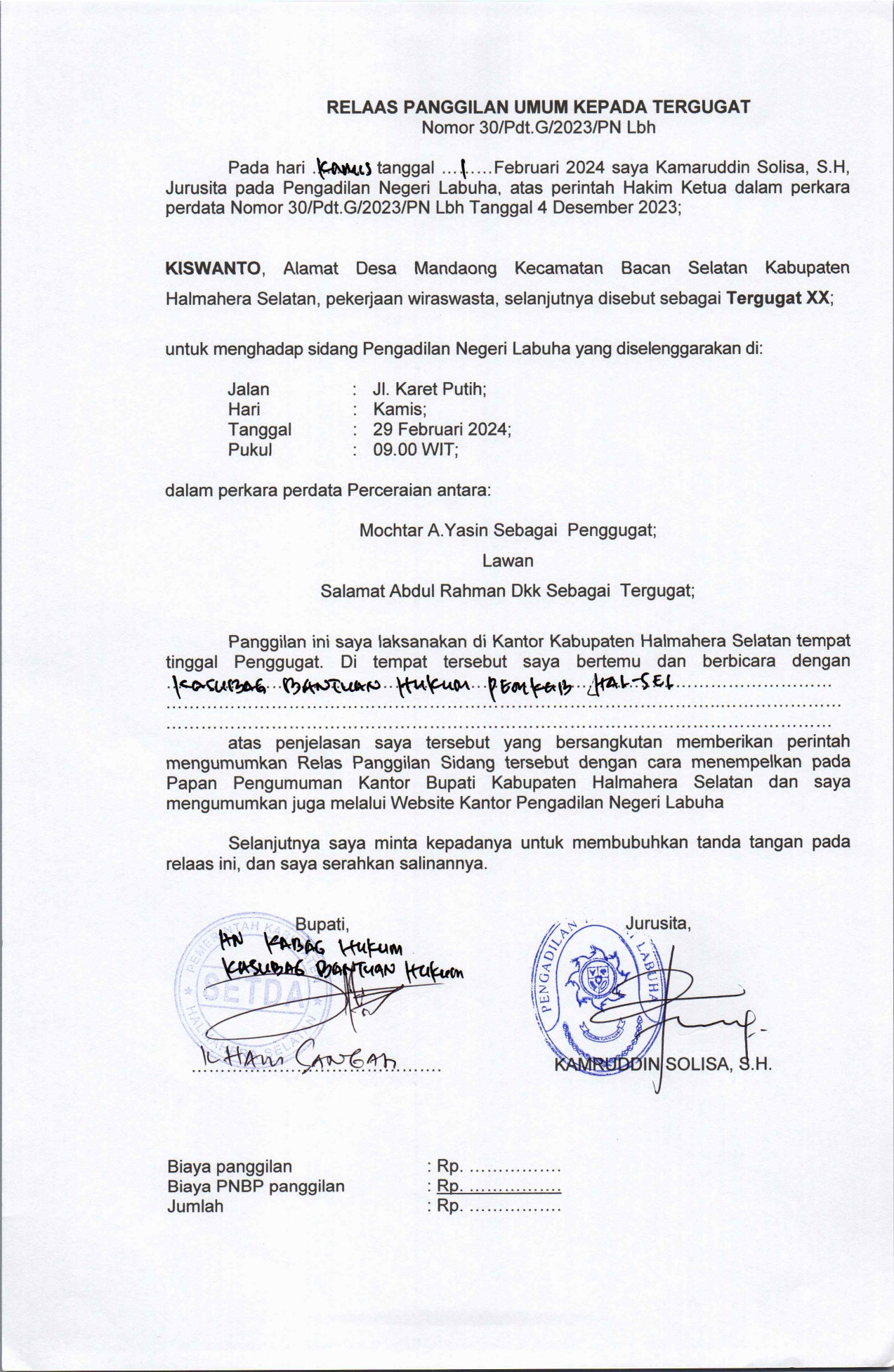 Relaas Panggilan Umum Kepada Tergugat Dalam Perkara Perdata Nomor 30/Pdt.G/2023/PN Lbh