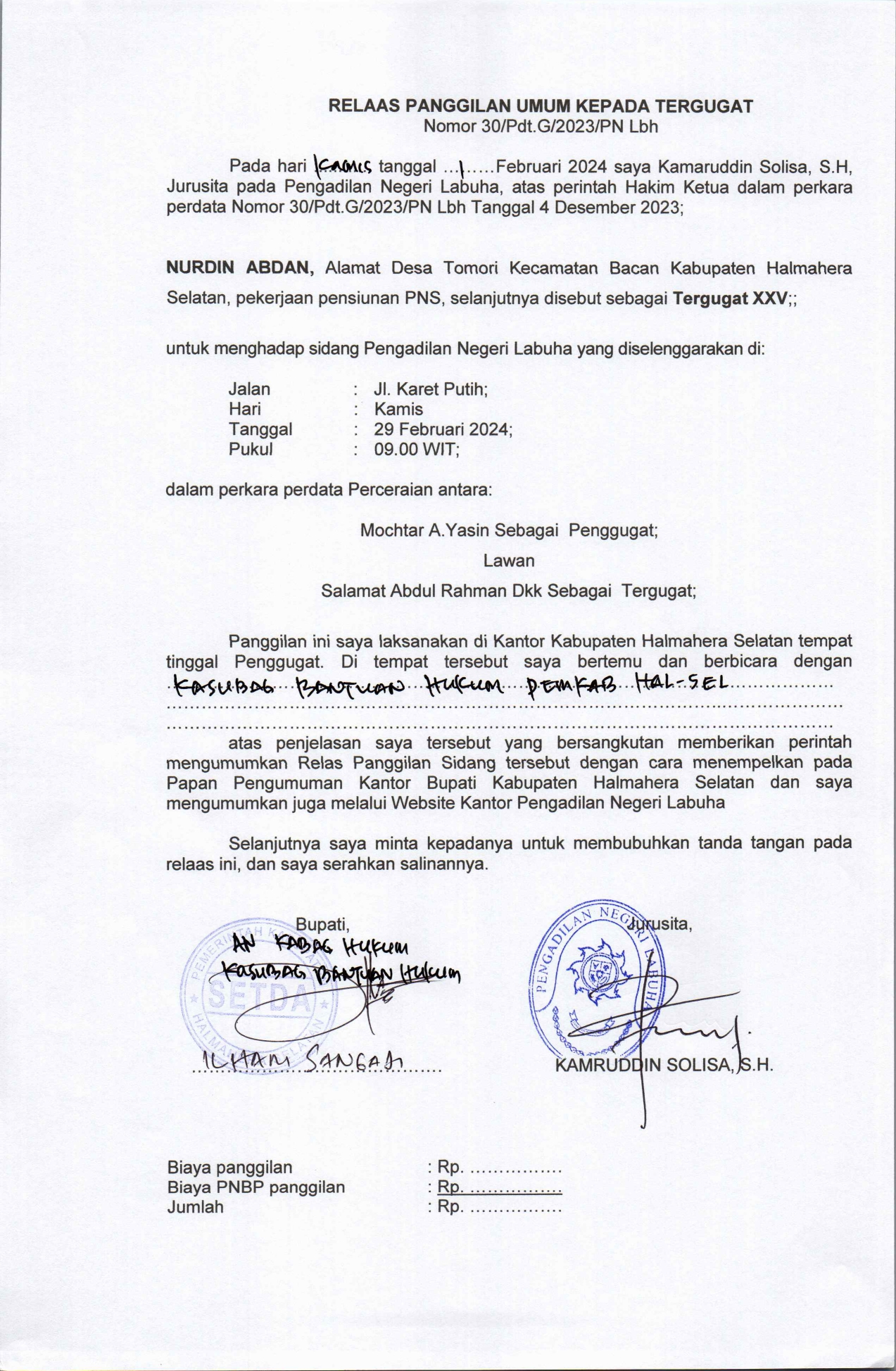 Relaas Panggilan Umum Kepada Tergugat Dalam Perkara Perdata Nomor 30/Pdt.G/2023/PN Lbh