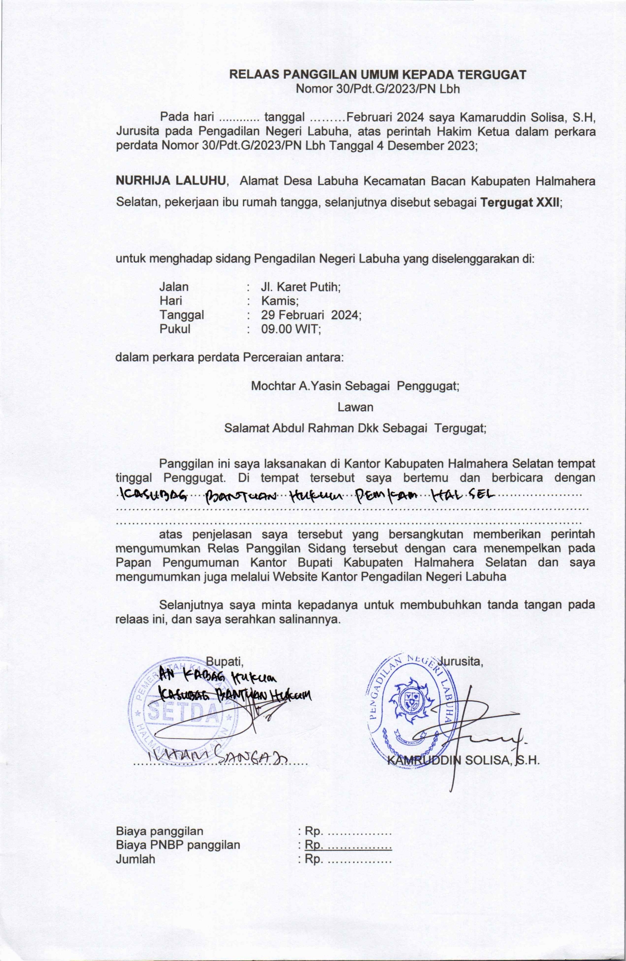 Relaas Panggilan Umum Kepada Tergugat Dalam Perkara Perdata Nomor 30/Pdt.G/2023/PN Lbh