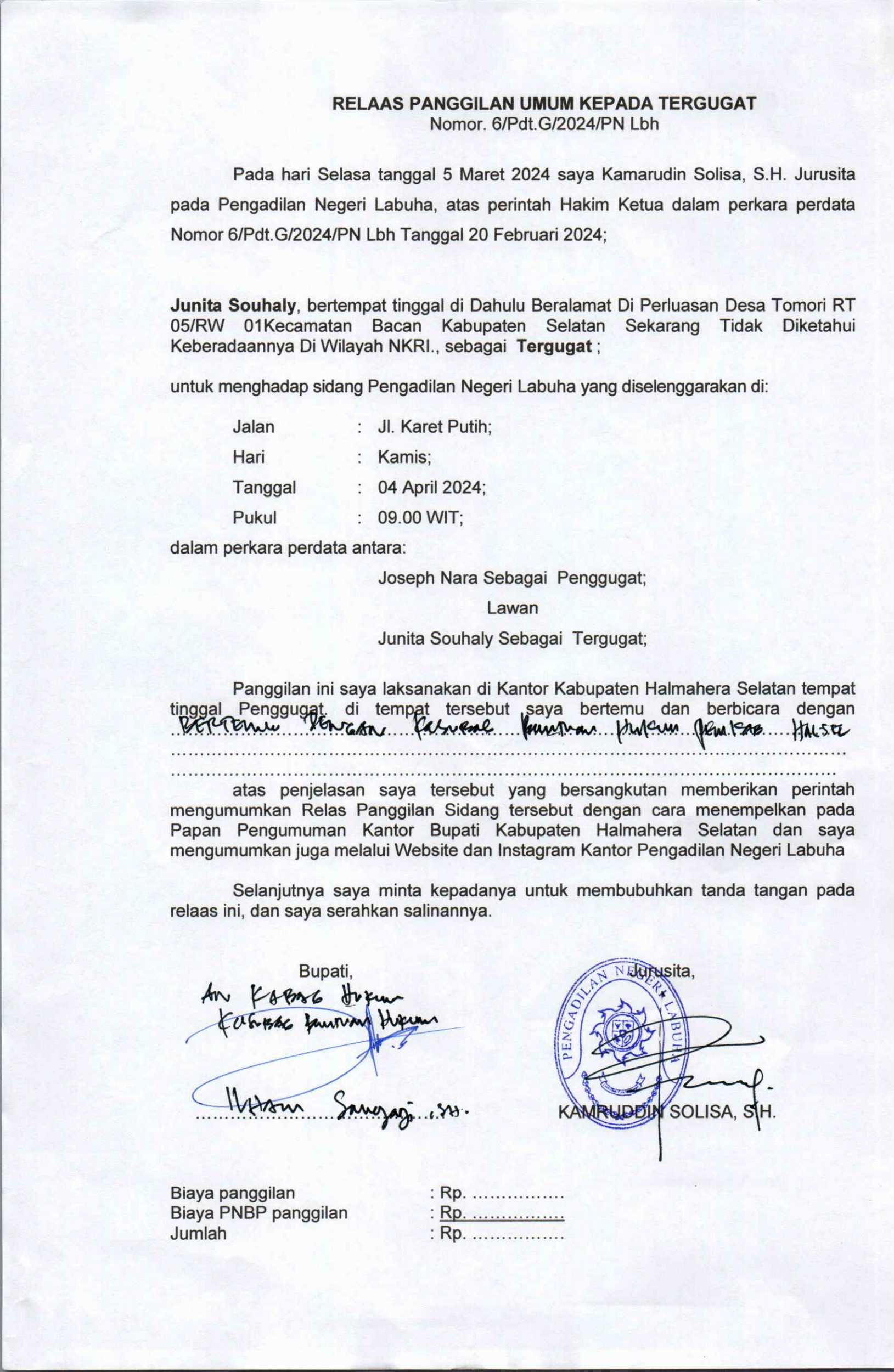 Relaas Panggilan Umum Kepada Tergugat Dalam Perkara Perdata Nomor 6/Pdt.G/2024/PN Lbh