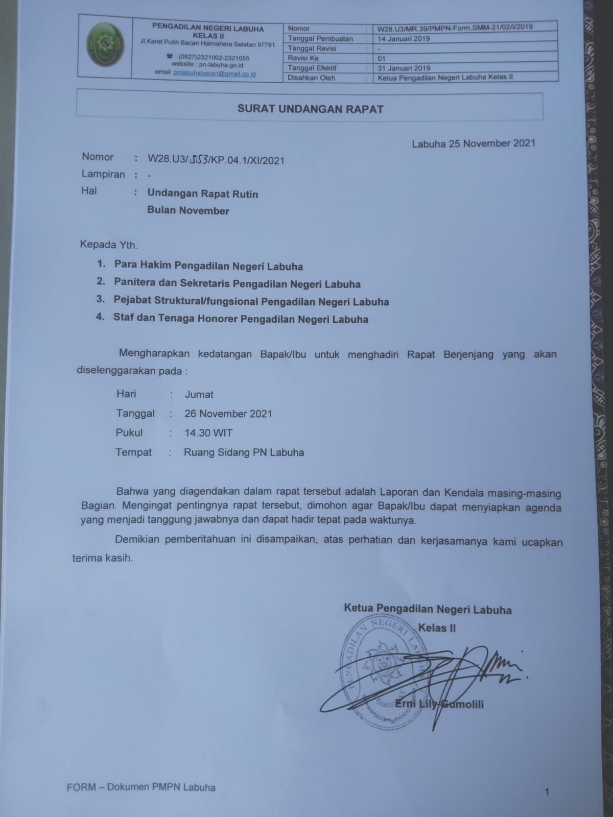 Undangan Rapat Rutin Bulanan Bulan November
