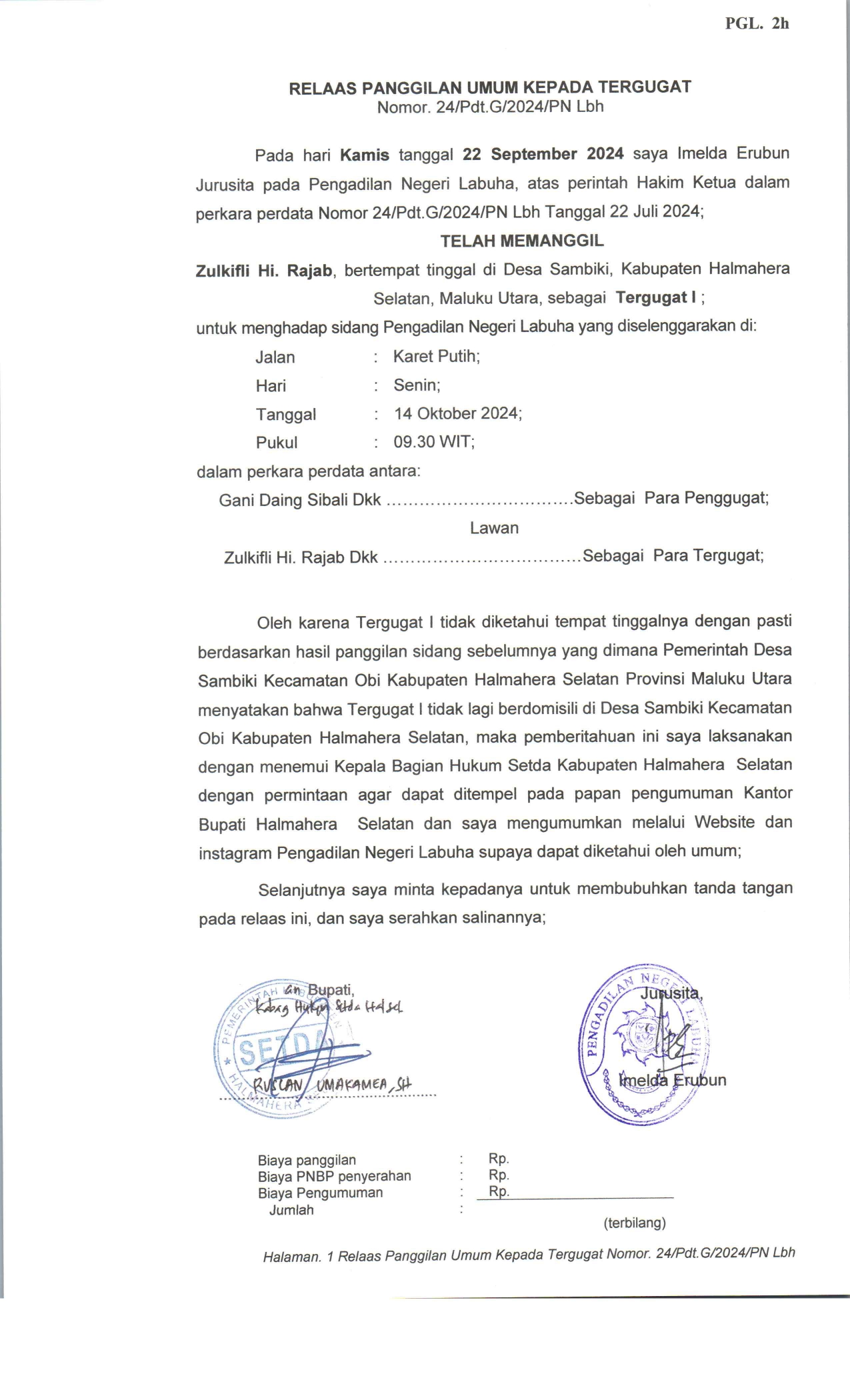 Relaas Panggilan Umum Kepada Tergugat Atas Nama Zulkifli Hi. Rajab dengan Perkara Perdata 24/Pdt.G/2024/PN Lbh