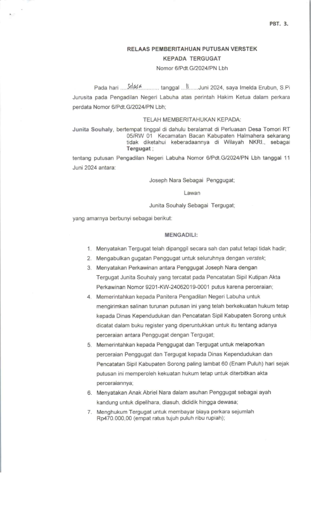 Relaas Pemberitahuan Putusan Verstek Kepada Tergugat atas Nama Junita Souhaly