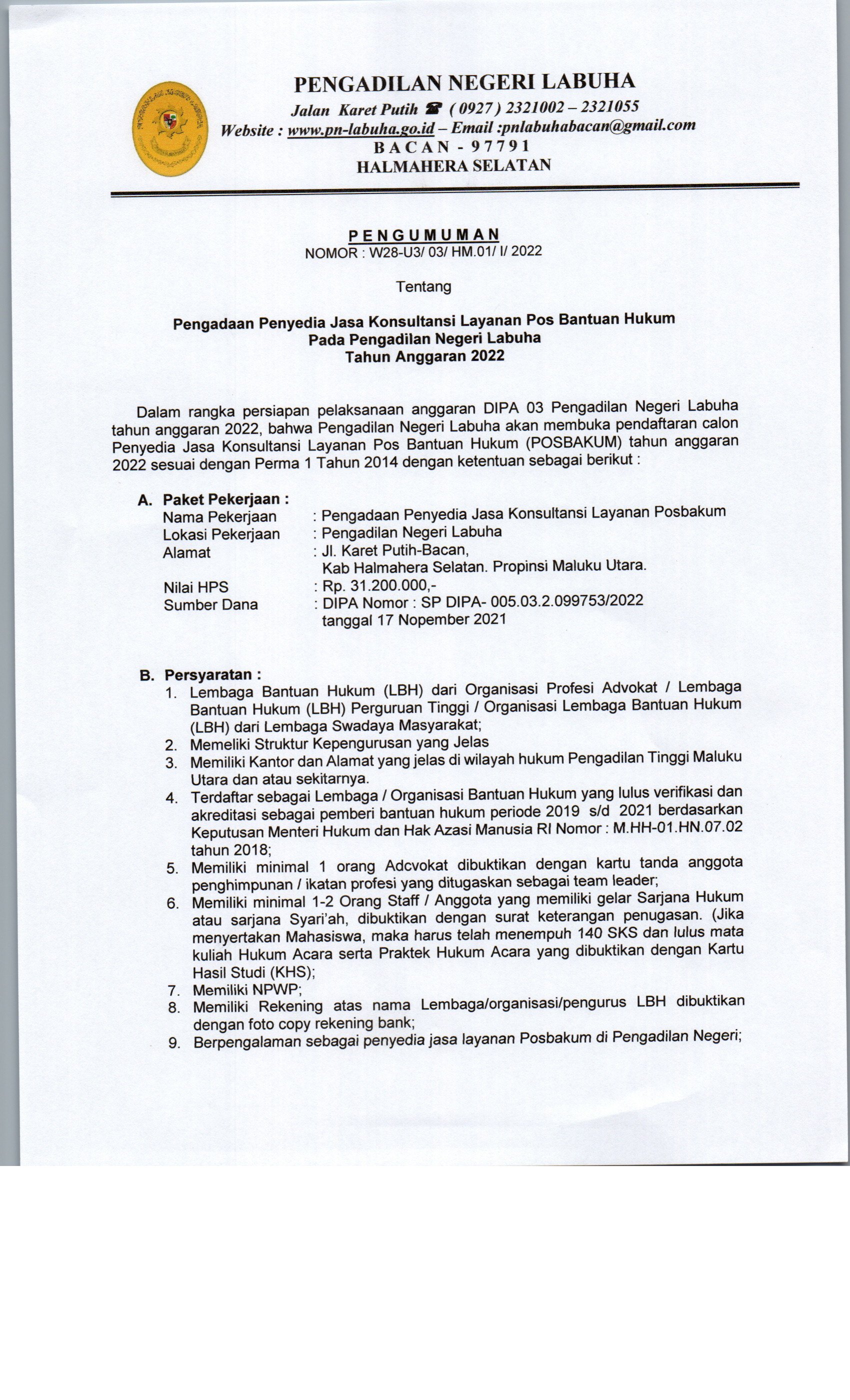 Pengadaan Penyedia Jasa Konsultansi Layanan Pos Bantuan Hukum Pada Pengadilan Negeri Labuha Tahun Anggaran 2022