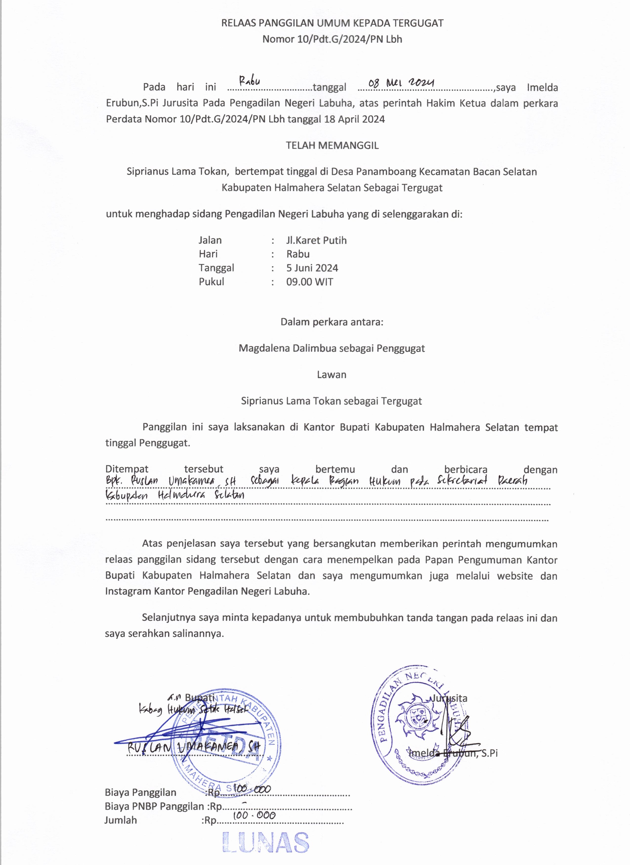 Relaas Panggilan Umum Kepada tergugat Nomor 10/Pdt.G/2024/PN Lbh