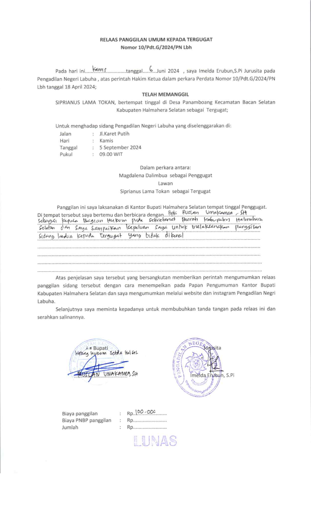 Relaas Panggilan Umum Kepada Tergugat Atas Nama Siprianus Lama Tokan