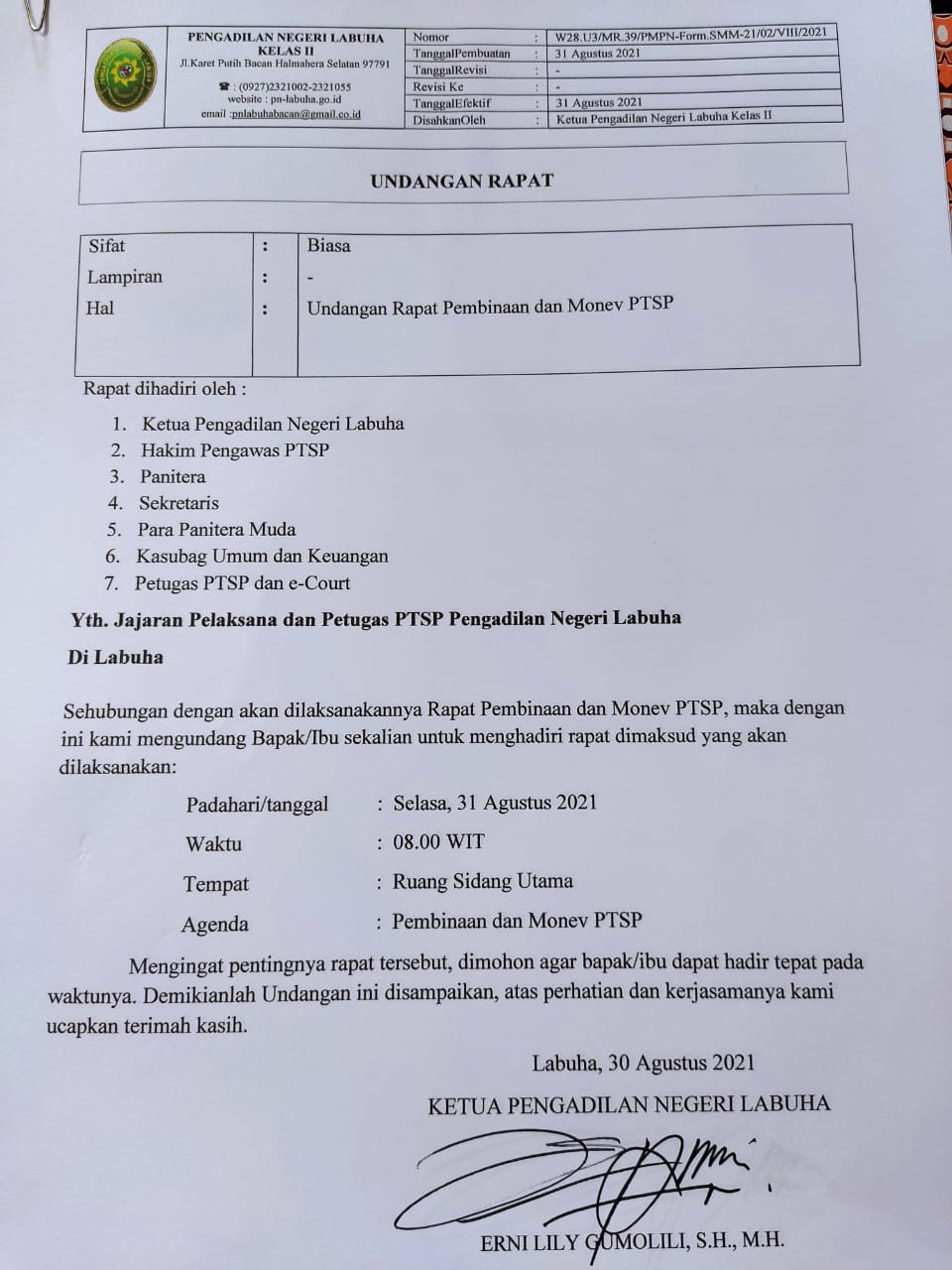 Undangan Rapat Pembinaan dan Monev PTSP