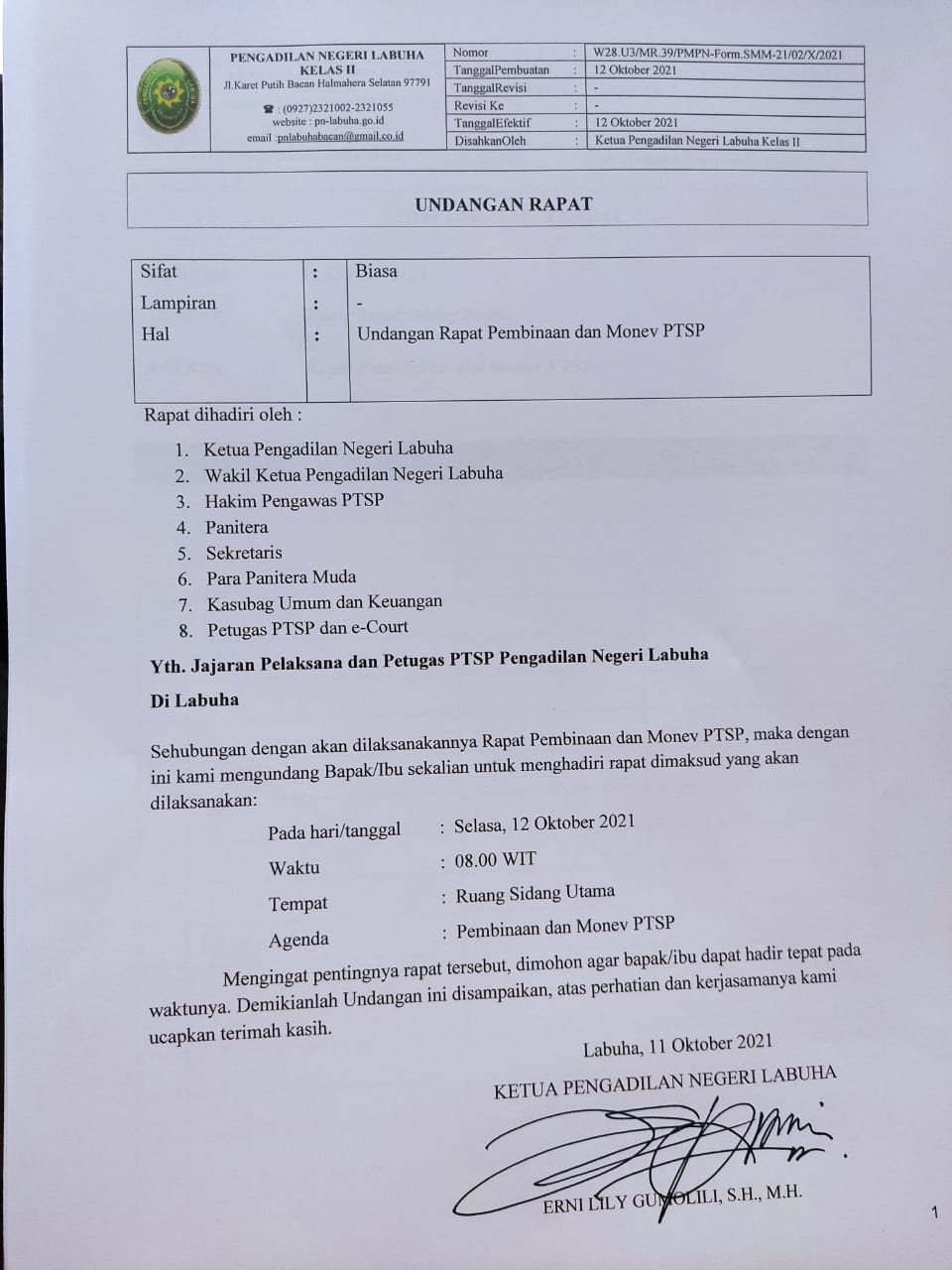 Undangan Rapat Pembinaan dan Monev PTSP Bulan Oktober