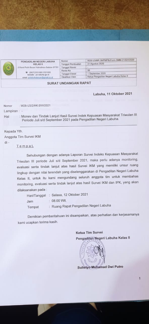 Monev dan tindaklanjut Hasil Survei Indeks Kepuasan Masyarakt Triwulan III Periode Juli s/d September 2021 Pada Pengadilan Negeri Labuha