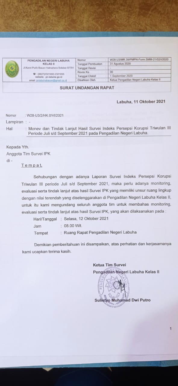 Monev dan tindaklanjut Hasil Survei Indeks Persepsi Korupsi Triwulan III Periode Juli s/d September 2021 Pada Pengadilan Negeri Labuha