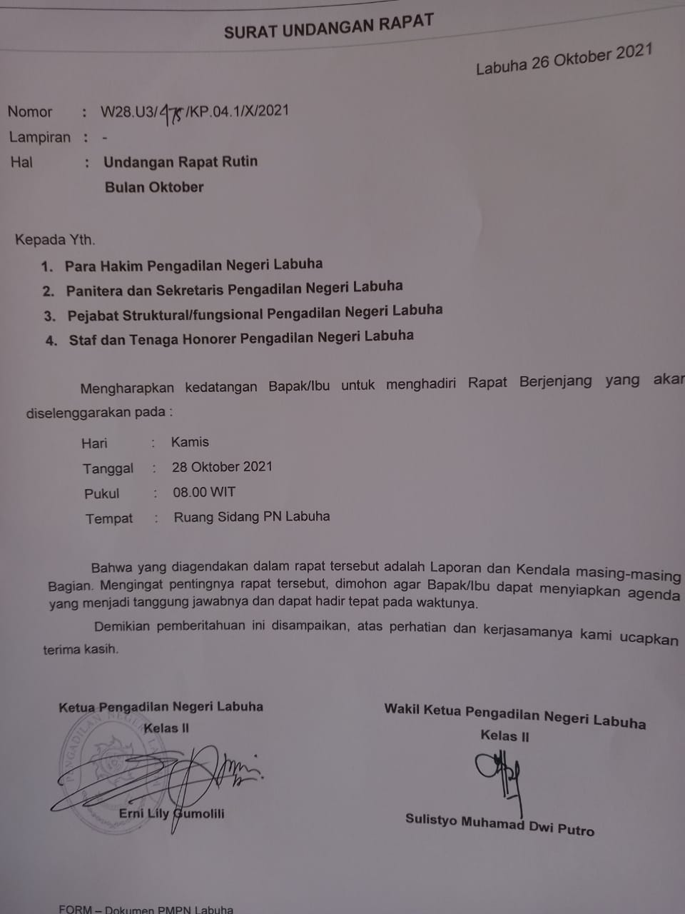 Undangan Rapat Rutin Bulanan Bulan Oktober 