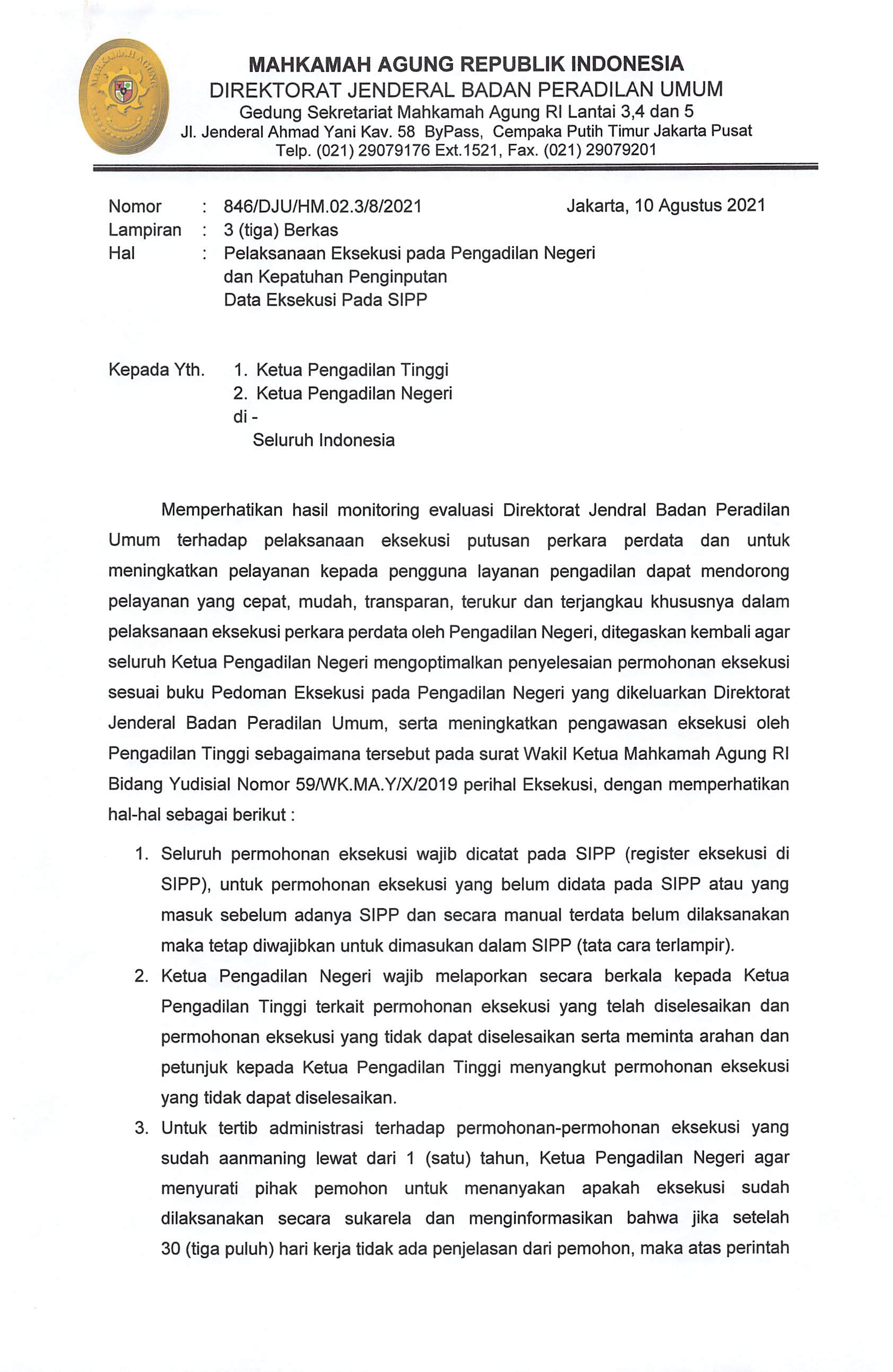 Pelaksanaan Eksekusi Pada Pengadilan Negeri dan Kepatuhan Penginputan Data Eksekusi Pada SIPP