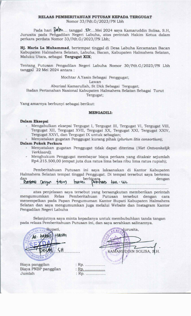 Relaas Pemberitahuan Putusan Kepada Tergugat XIX Atas Nama Hj. Maria La Muhammad