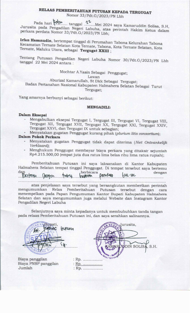 Relaas Pemberitahuan Putusan Kepada Tergugat XXIII Atas Nama Irfan Hasanudin