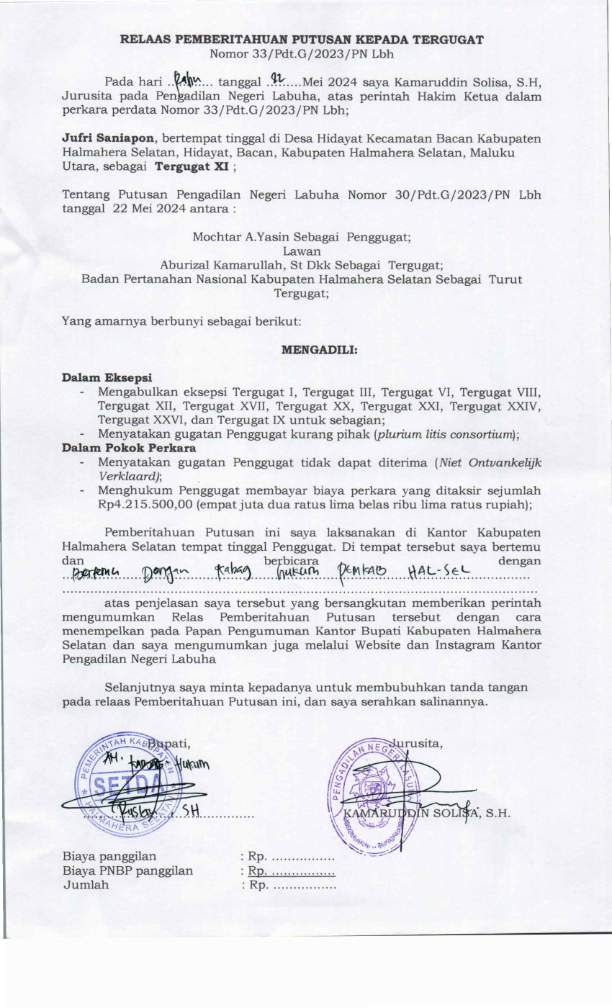 Relaas Pemberitahuan Putusan Kepada Tergugat XI Atas Nama Jufri Saniapon