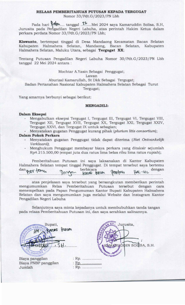 Relaas Pemberitahuan Putusan Kepada Tergugat XX Atas Nama Kiswanto
