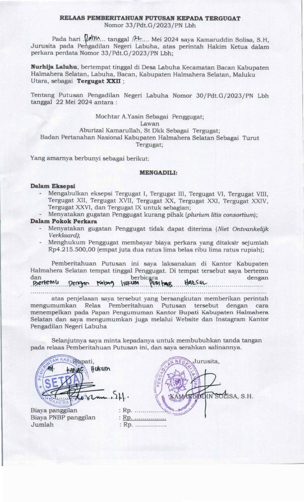 Relaas Pemberitahuan Putusan Kepada Tergugat XXII Atas Nama Nurhija Laluhu