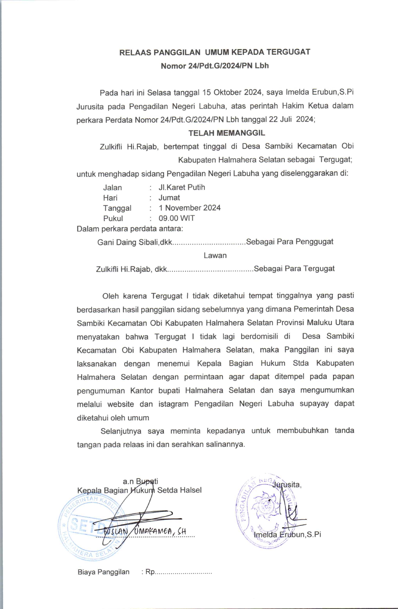 Relaas Panggilan Umum Kepada Tergugat Dengan Nomor Perkara Perdata 24/Pdt.G/2024/PN Lbh