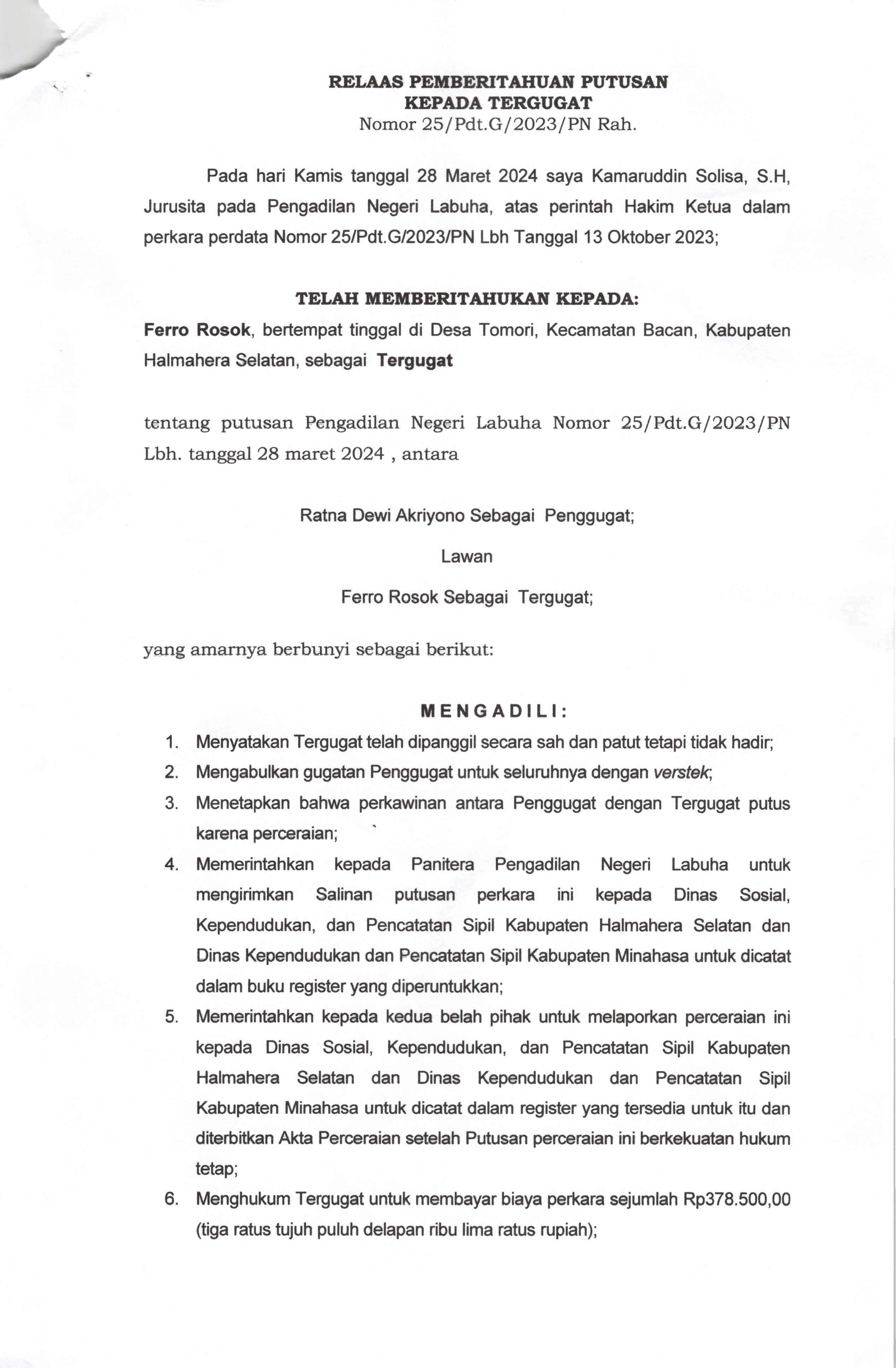 Relaas Pemberitahuan Putusan Kepada Tergugat Dengan Nomor 25/Pdt.G/2023/PN Rah.