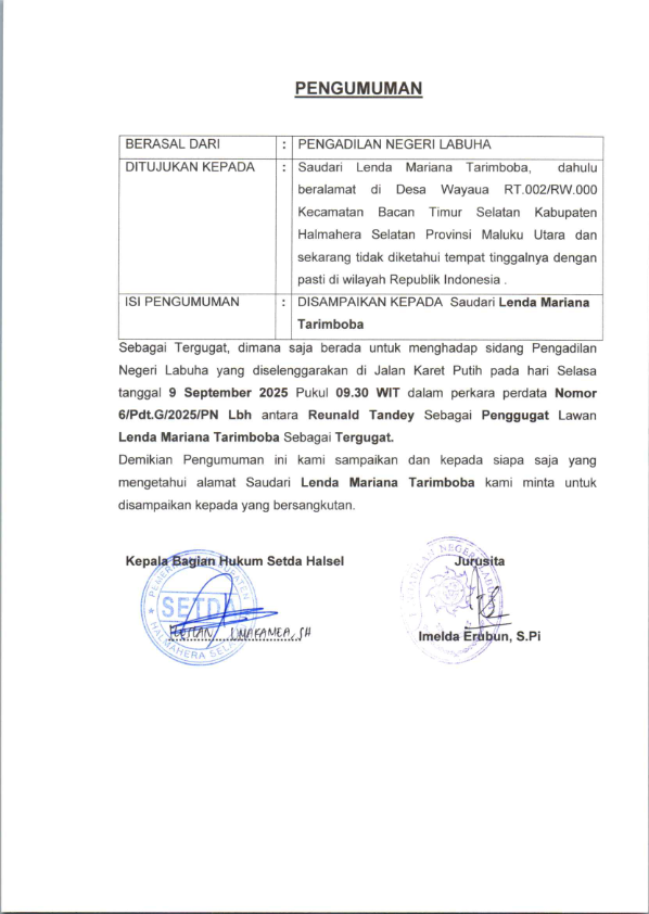 Pengumuman Panggilan Dalam Perkara Perdata Atas Nama Lenda Mariana Tarimboba