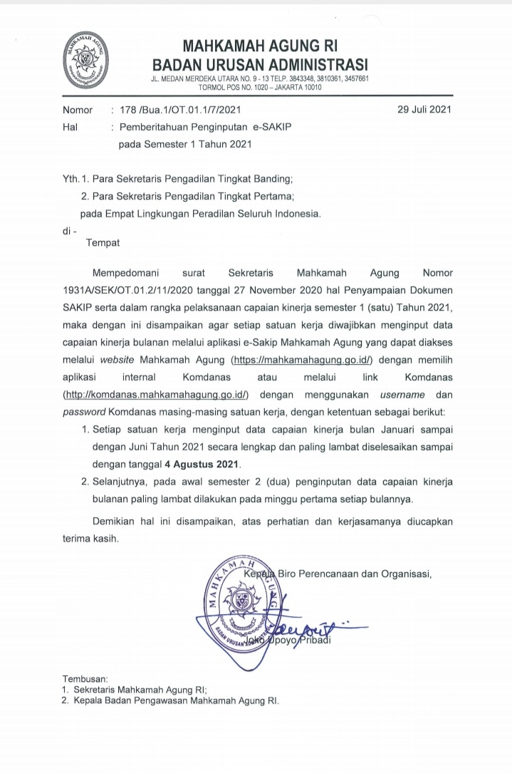 Pemberitahuan Penginputan e-SAKIP Pada Semester 1 Tahun 2021