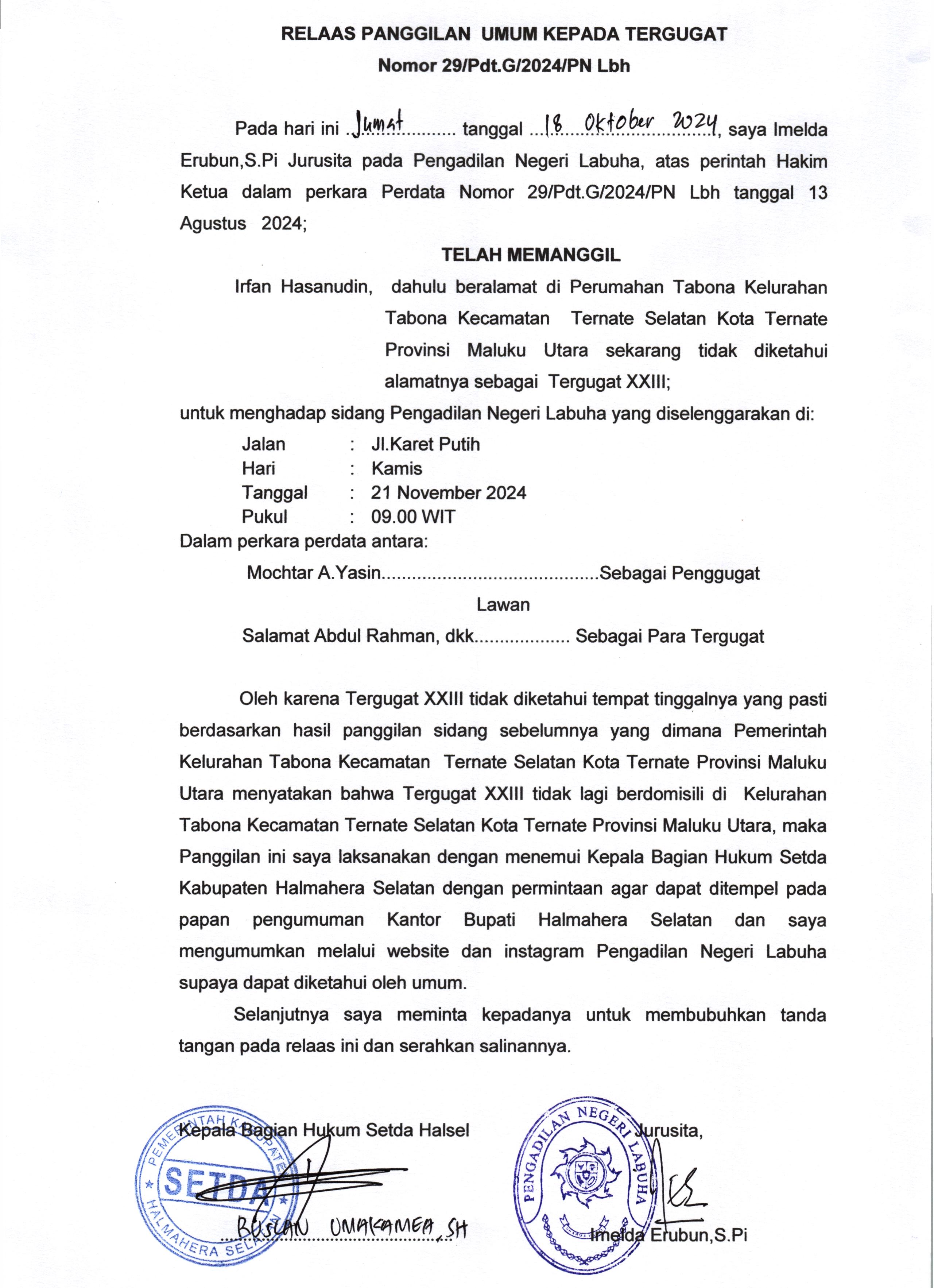 Relaas Panggilan Umum Kepada Tergugat Dengan Nomor Perkara Perdata Nomor 29/Pdt.G/2024/PN Lbh