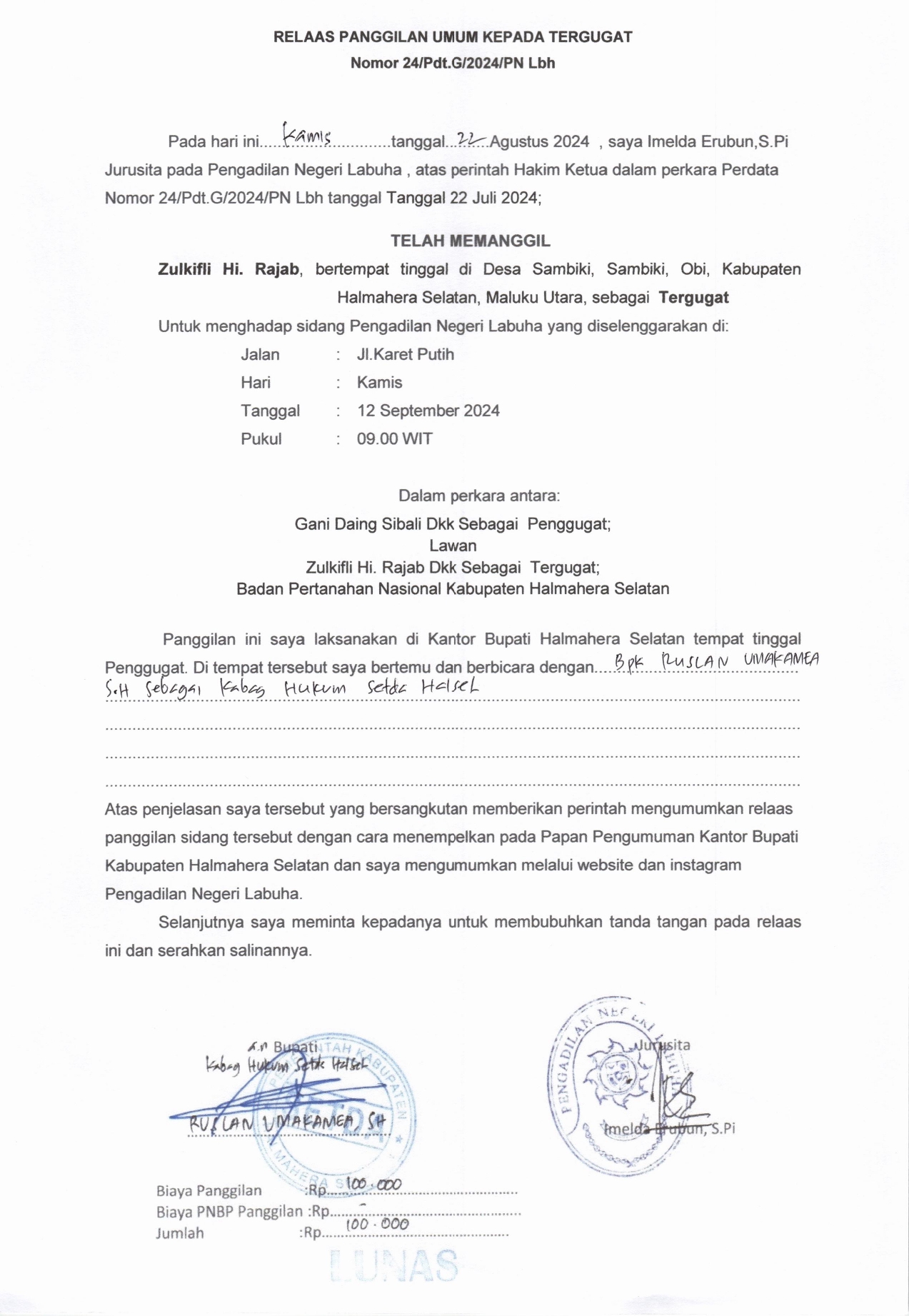 Relaas Panggilan Umum Kepada Tergugat Atas Nama Zulkifli Hi. Rajab