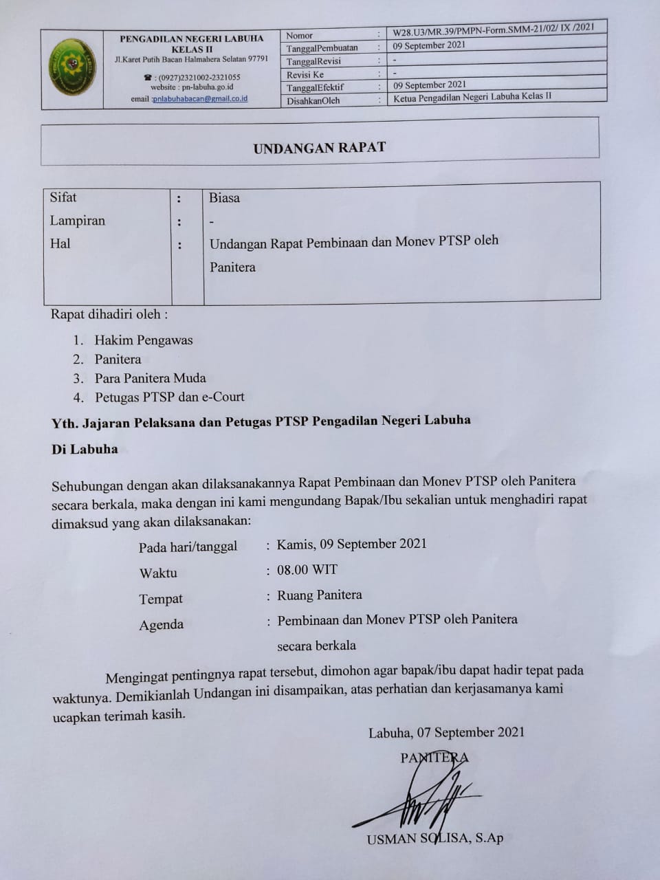 Undangan Rapat Pembinaan dan Monev PTSP Oleh Panitera Bulan September